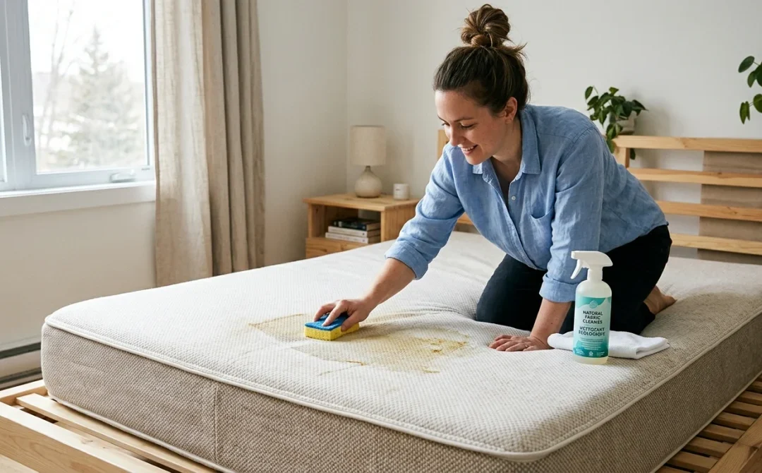 Personne nettoyant un matelas taché avec une éponge dans une chambre lumineuse