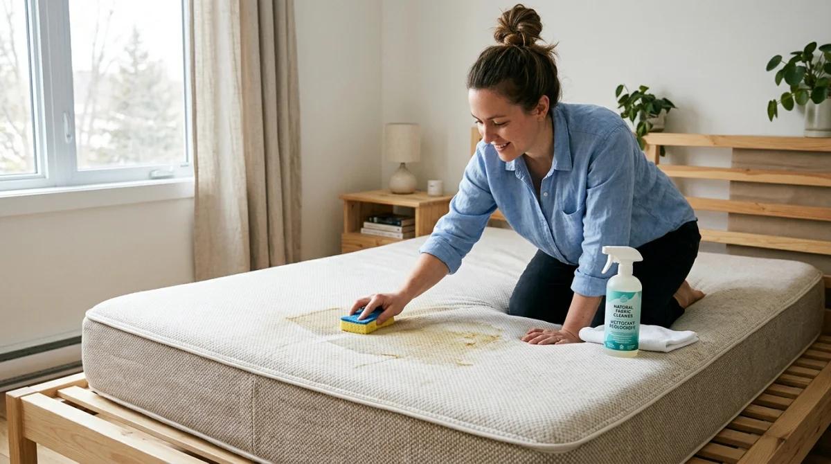 Personne nettoyant un matelas taché avec une éponge dans une chambre lumineuse