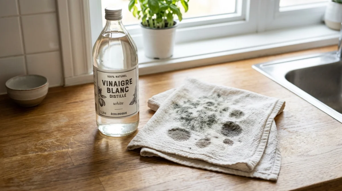 Vinaigre blanc et tissu blanc avec taches de moisissure, solution naturelle