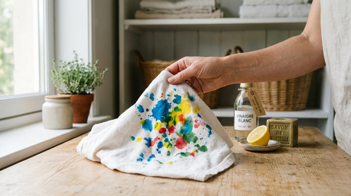 Main retirant une tache de peinture sur un vêtement avec un produit naturel