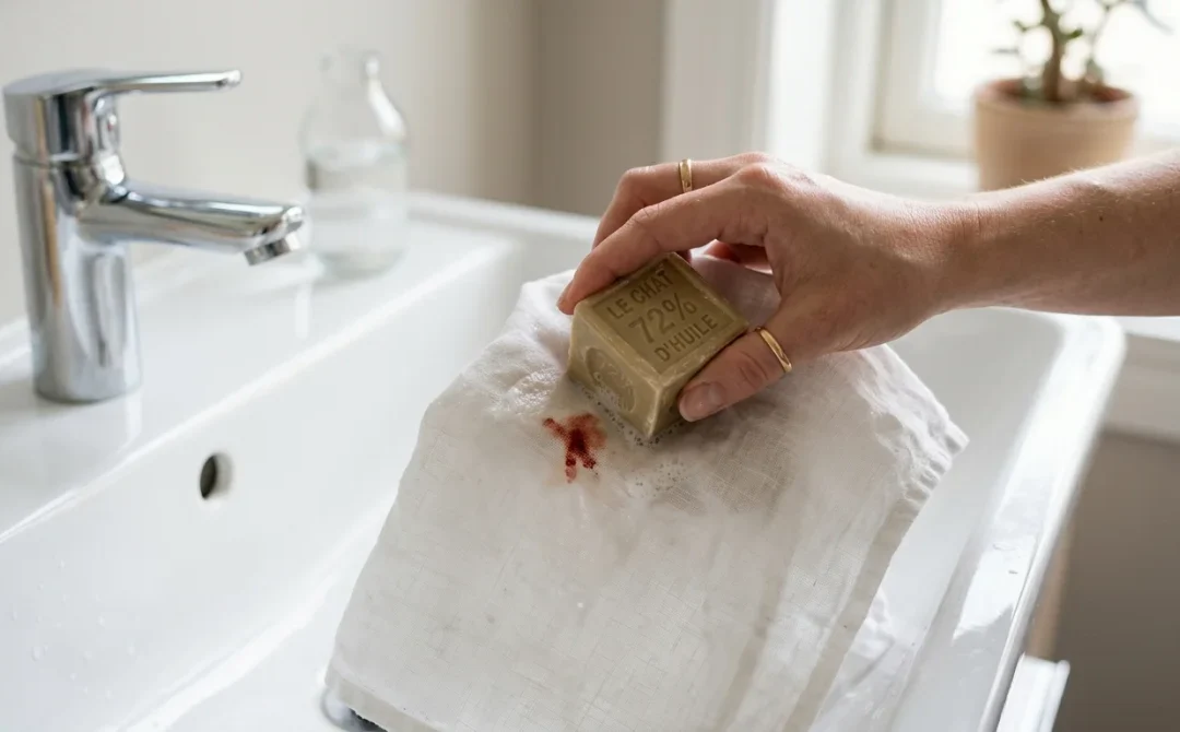 Main frottant une tache de sang sur tissu blanc avec savon de Marseille