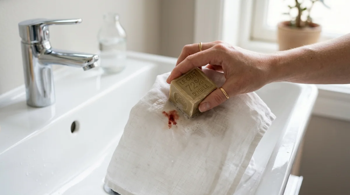 Main frottant une tache de sang sur tissu blanc avec savon de Marseille