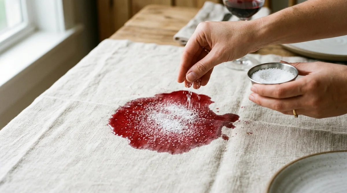 Main saupoudrant du sel sur une tache de vin rouge fraîche sur tissu clair.