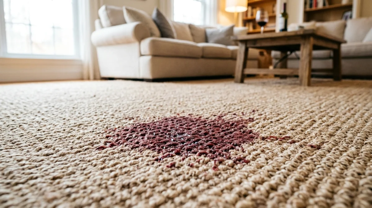 Tache de vin rouge fraîche sur tapis en fibres naturelles, gros plan réaliste