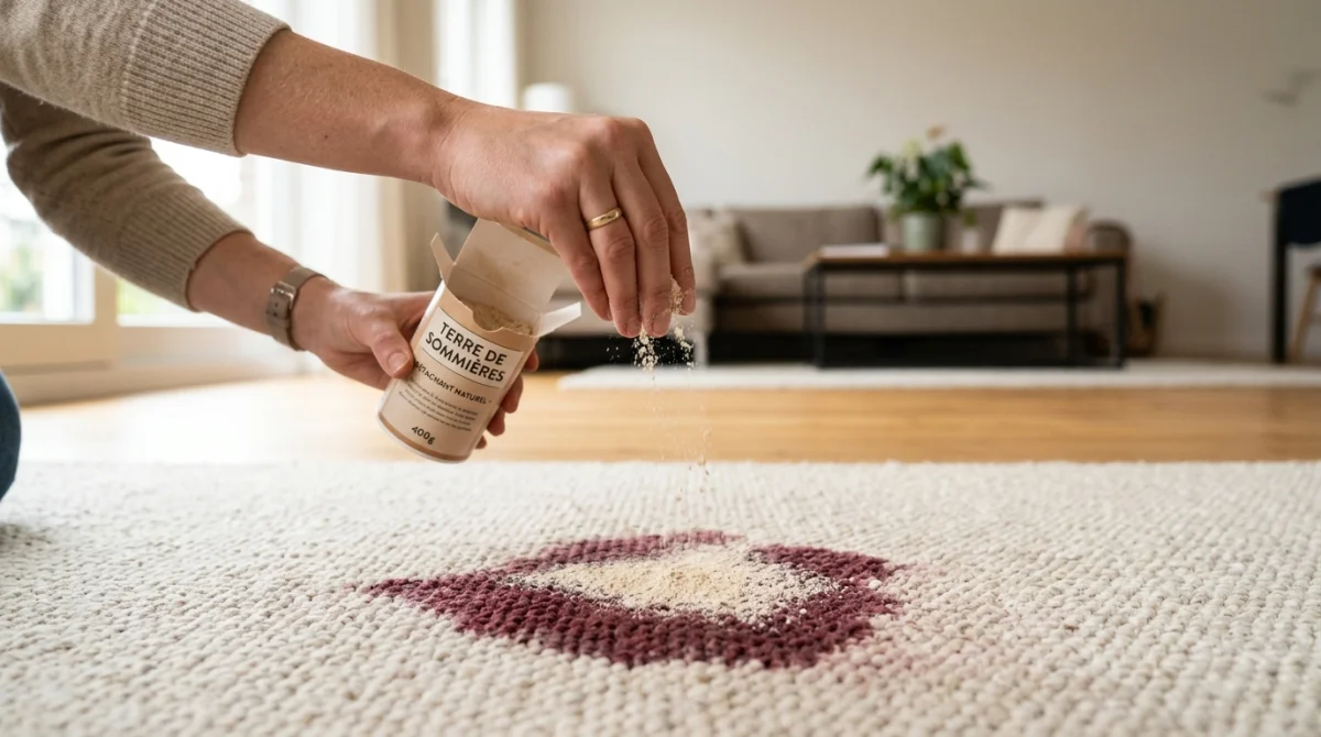 Main saupoudrant terre de Sommières sur tache de vin rouge sur tapis clair