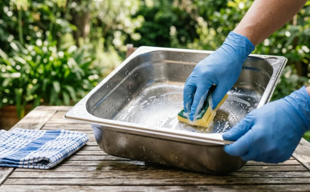 Mains gantées nettoyant minutieusement le bac à graisse en inox d'une plancha pour un entretien efficace.