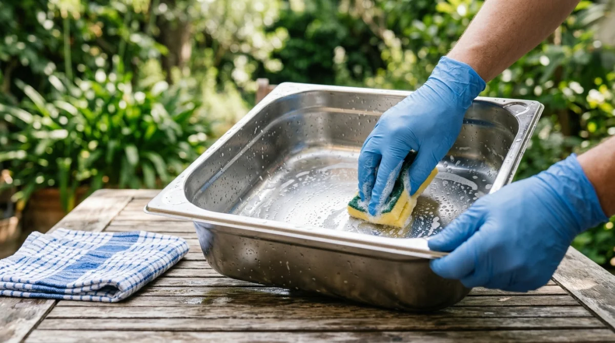 Mains gantées nettoyant minutieusement le bac à graisse en inox d'une plancha pour un entretien efficace.