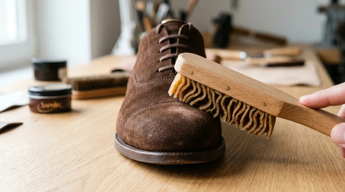 Brosse à daim en crêpe nettoyant délicatement une chaussure en daim marron pour illustrer comment nettoyer le daim.