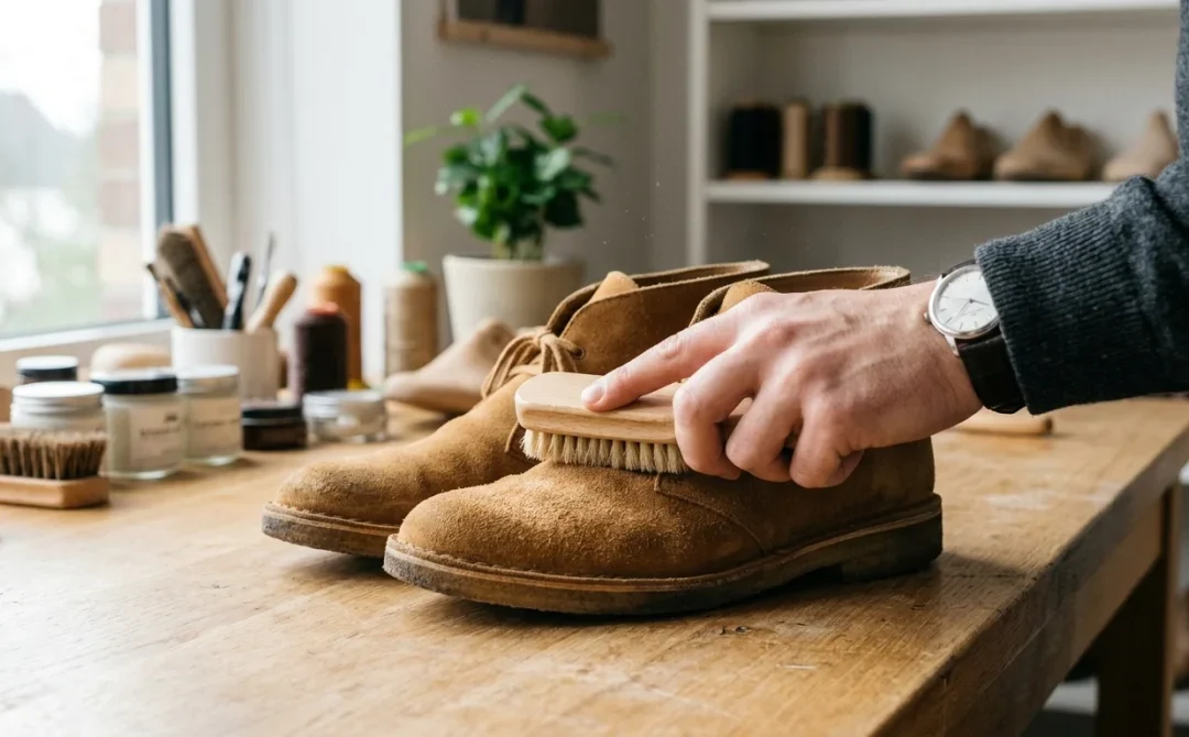 Nettoyage délicat d'une chaussure en daim camel avec une brosse en crêpe sur un plan de travail en bois.