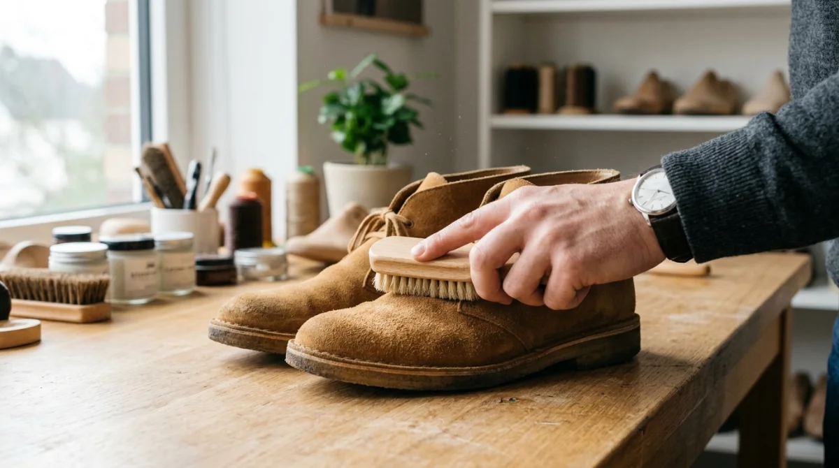 Nettoyage délicat d'une chaussure en daim camel avec une brosse en crêpe sur un plan de travail en bois.