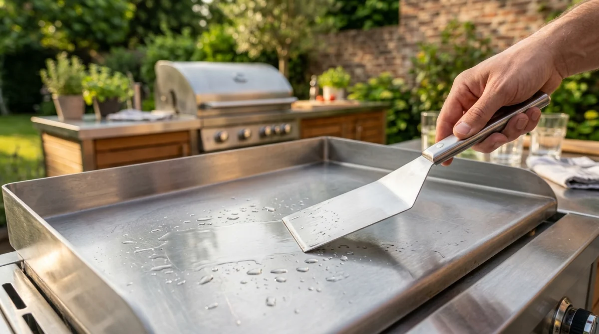 Une spatule en inox raclant une plaque de plancha propre sur une terrasse ensoleillée pour un entretien efficace.