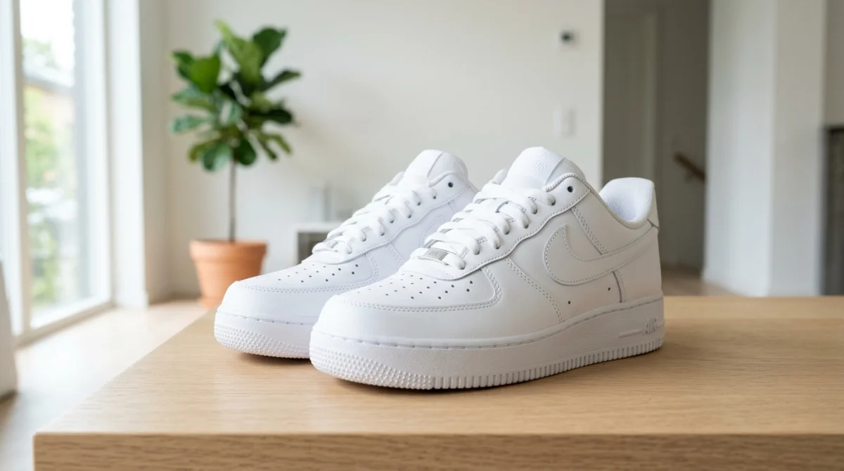 Paire de baskets blanches impeccables sur une surface propre pour illustrer comment nettoyer des chaussures blanches efficacement.