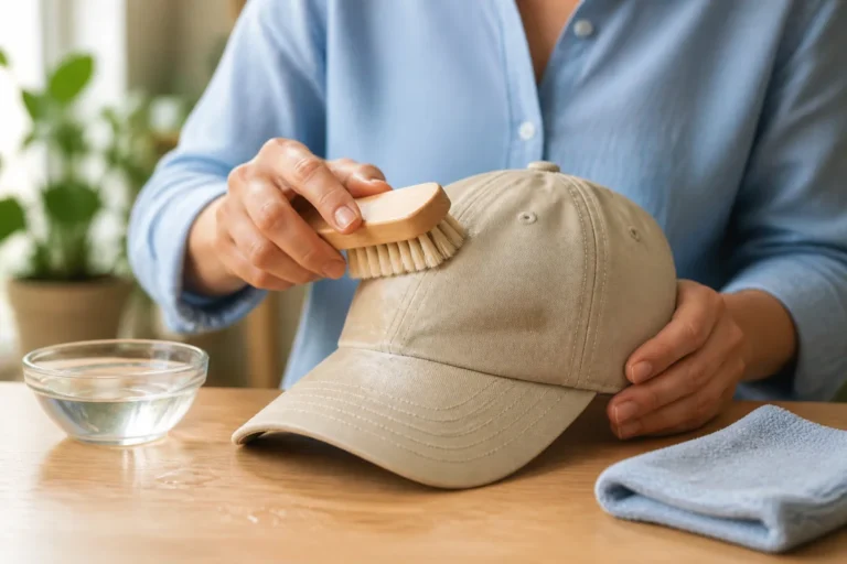 Mains nettoyant délicatement une casquette beige avec une brosse souple pour illustrer comment nettoyer une casquette efficacement.