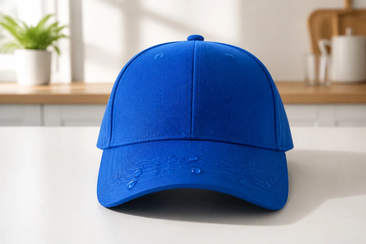 Casquette de baseball bleue en coton avec gouttes d'eau pour illustrer comment nettoyer une casquette efficacement.