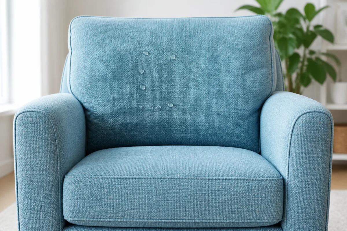 Fauteuil en tissu bleu clair propre et ravivé dans un salon moderne pour illustrer comment nettoyer fauteuil tissu.