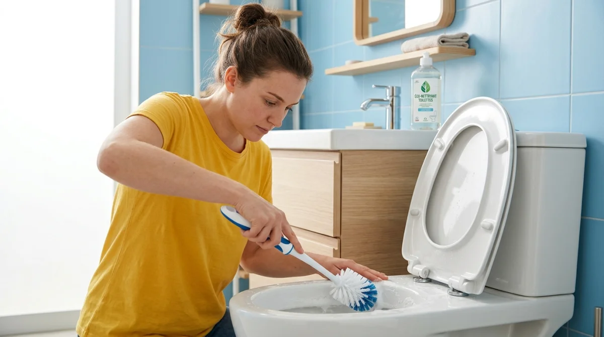 Personne en t-shirt jaune nettoyant efficacement l'intérieur d'une cuvette de toilettes dans une salle de bain moderne.