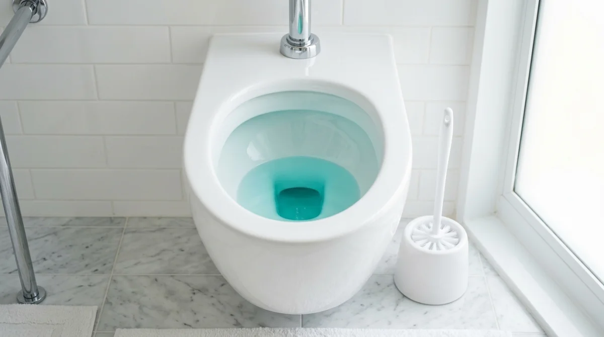 Brosse de toilette propre posée près d'une cuvette de WC étincelante dans une salle de bain moderne et lumineuse.