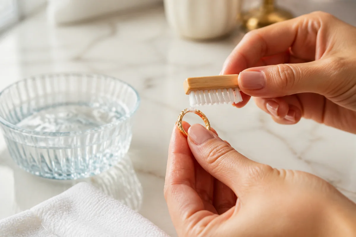 Main tenant une brosse douce pour nettoyer une bague en or dans un bol d'eau claire.