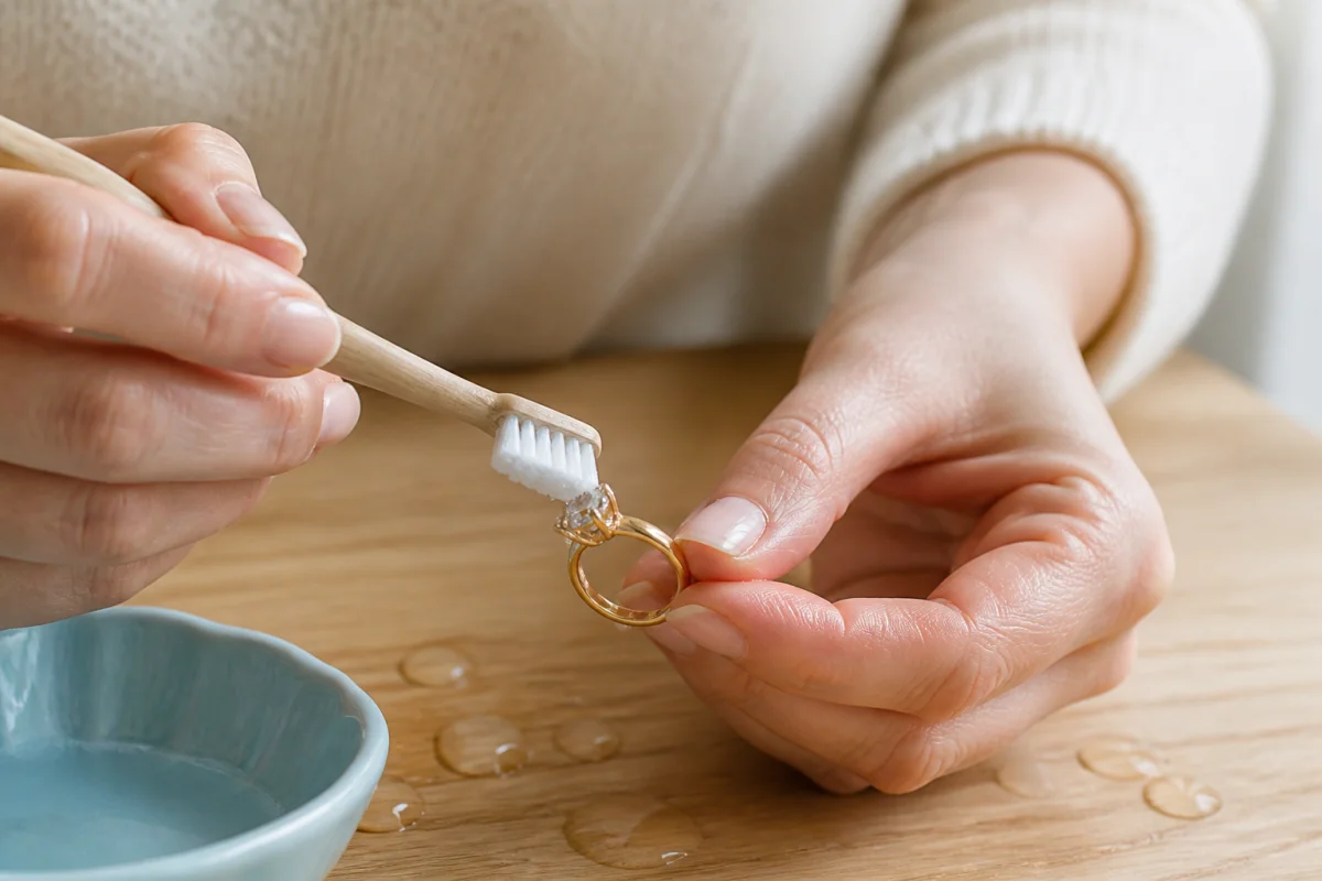 Gros plan sur une main nettoyant minutieusement une bague en or avec une petite brosse pour un entretien efficace.