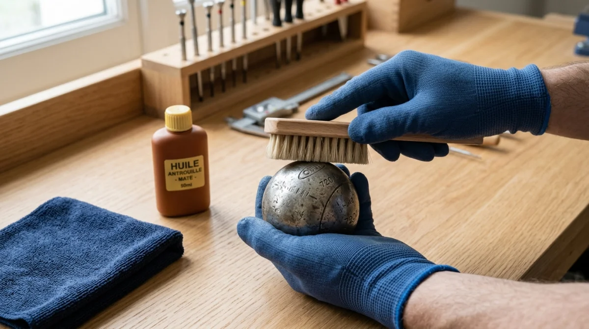 Mains gantées nettoyant délicatement une boule de pétanque avec une brosse sur un établi, pour apprendre comment nettoyer des boules.