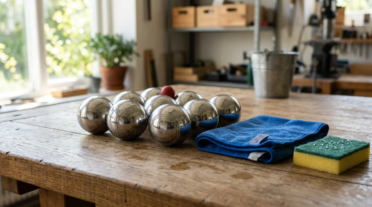 Boules de pétanque en acier brillant sur une table en bois avec un chiffon pour illustrer comment nettoyer ses boules.
