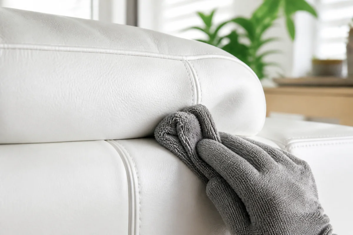 Main gantée nettoyant délicatement les coutures d'un canapé en cuir blanc pour illustrer comment nettoyer canapé cuir blanc.