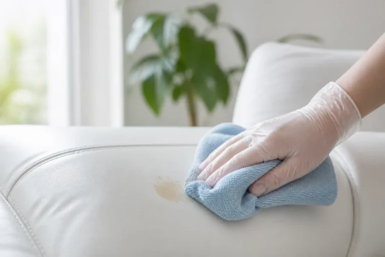 Main gantée nettoyant délicatement une tache sur un canapé en cuir blanc avec un chiffon microfibre bleu.