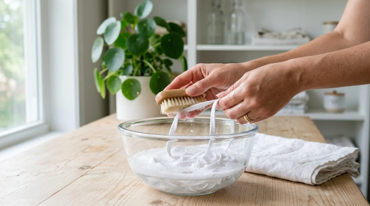 Mains frottant délicatement des lacets blancs dans de l'eau savonneuse pour apprendre comment nettoyer des chaussures blanches.