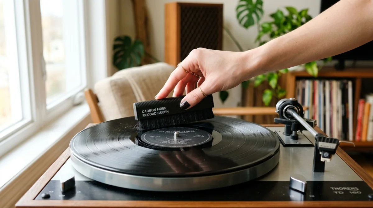 Main utilisant une brosse en fibre de carbone pour nettoyer délicatement un disque vinyle sur une platine vintage.