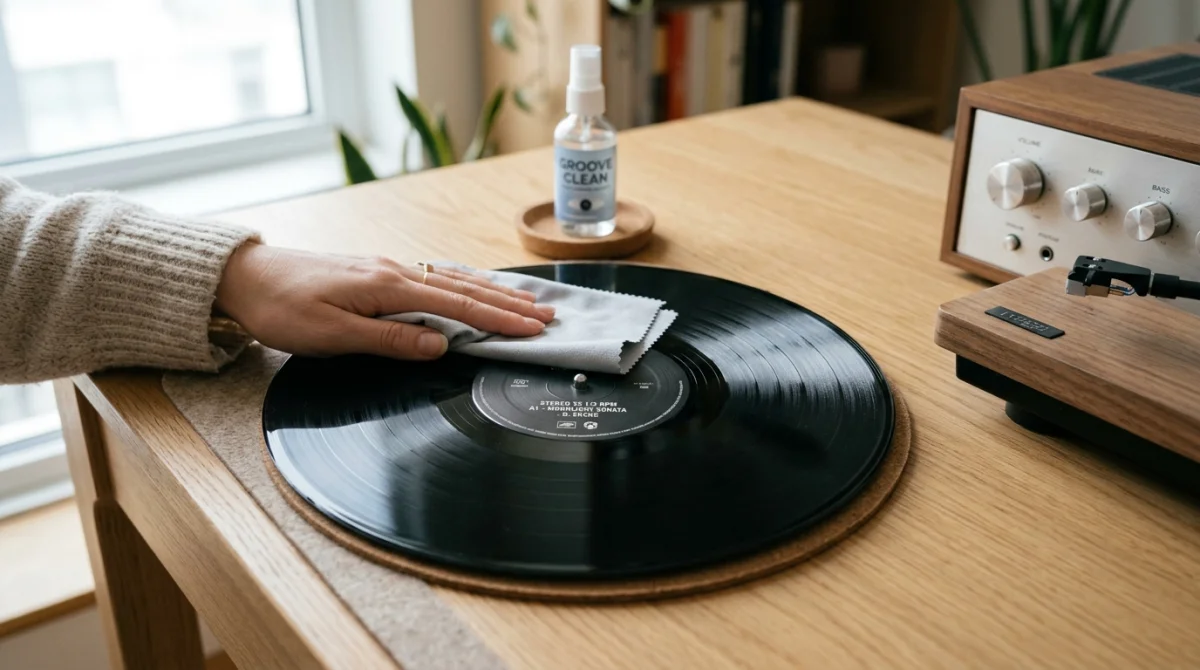 Main nettoyant délicatement un disque vinyle noir avec un chiffon microfibre pour expliquer comment nettoyer un vinyle.