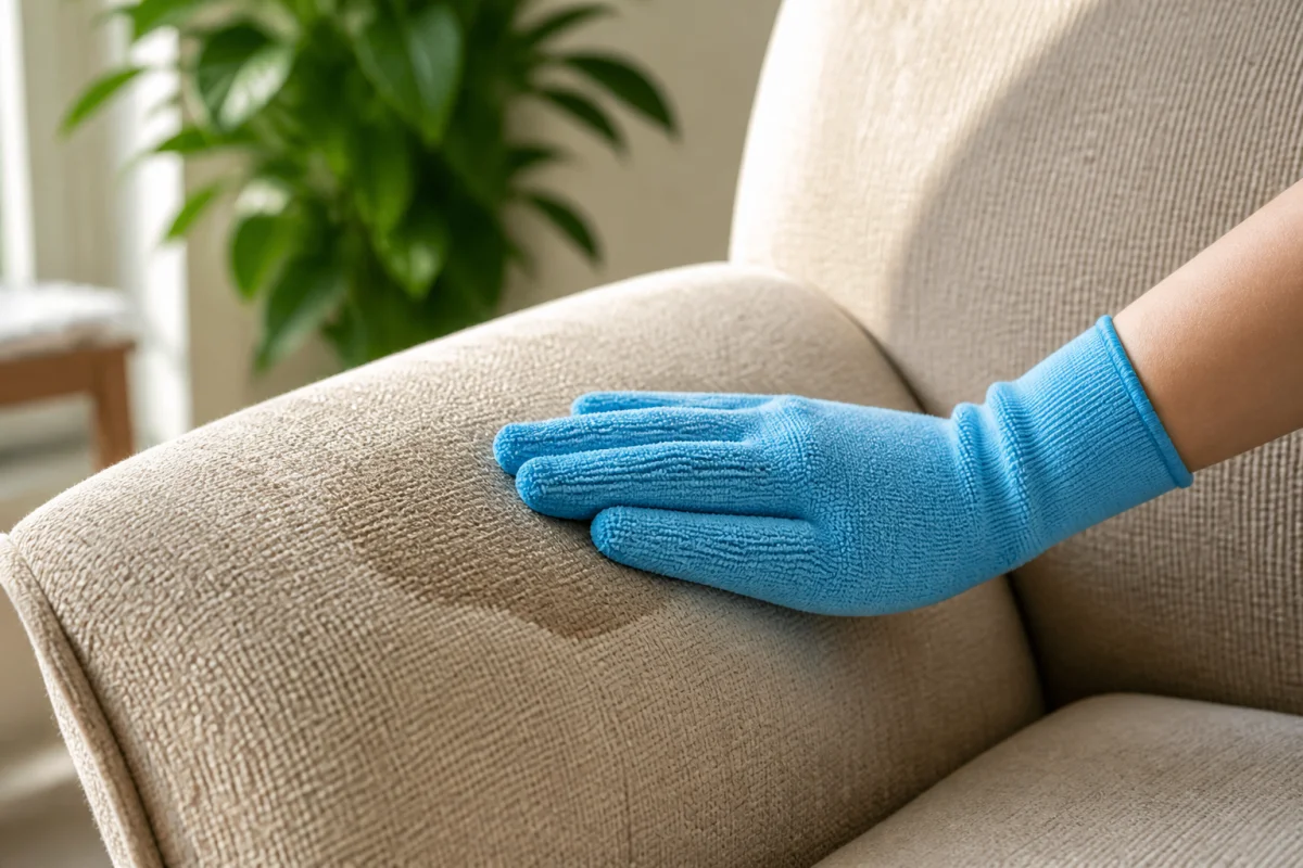 Main gantée en microfibre bleue nettoyant délicatement un fauteuil en tissu beige pour illustrer comment nettoyer fauteuil tissu.