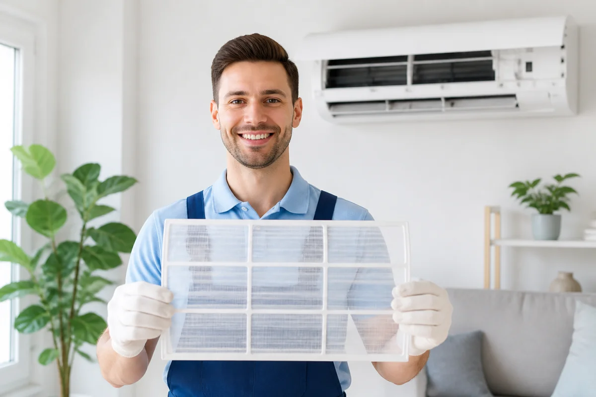 Personne souriante tenant un filtre de climatiseur propre pour illustrer comment nettoyer une clim efficacement.