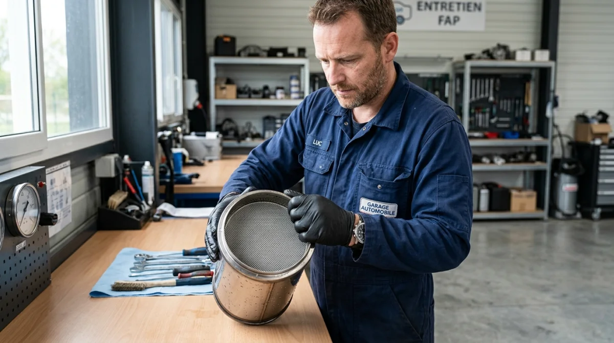 Mécanicien inspectant un filtre à particules propre après nettoyage dans un atelier professionnel pour savoir comment nettoyer un FAP démonté.