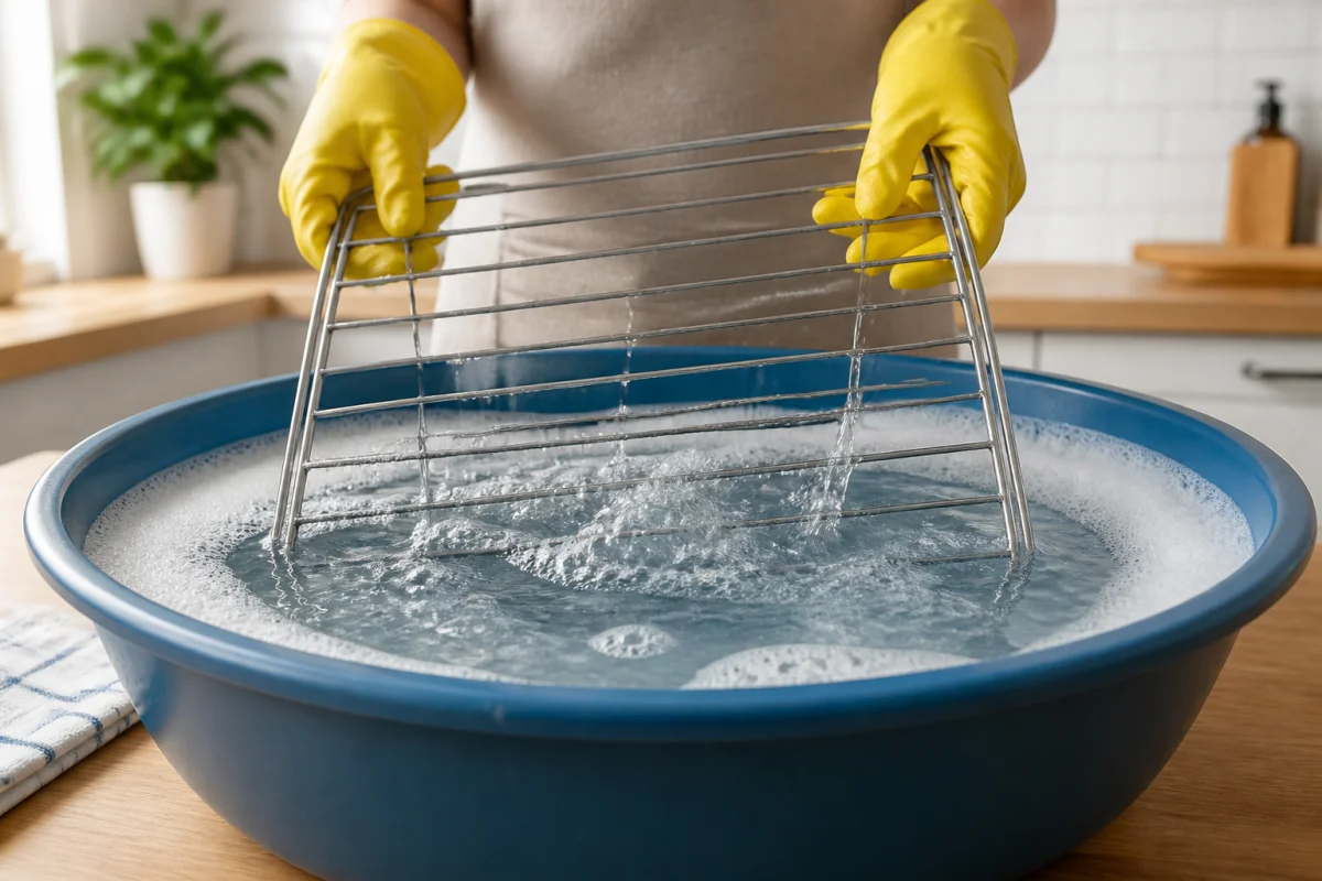 Mains gantées immergeant une grille de four dans une bassine d'eau savonneuse pour apprendre comment nettoyer une grille.