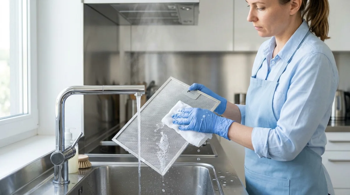 Personne nettoyant soigneusement un filtre de hotte en inox brillant dans une cuisine moderne et lumineuse.