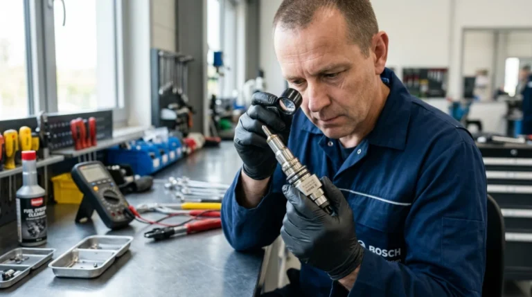 Mécanicien professionnel inspectant minutieusement une buse d'injecteur diesel propre à la loupe dans un atelier spécialisé.