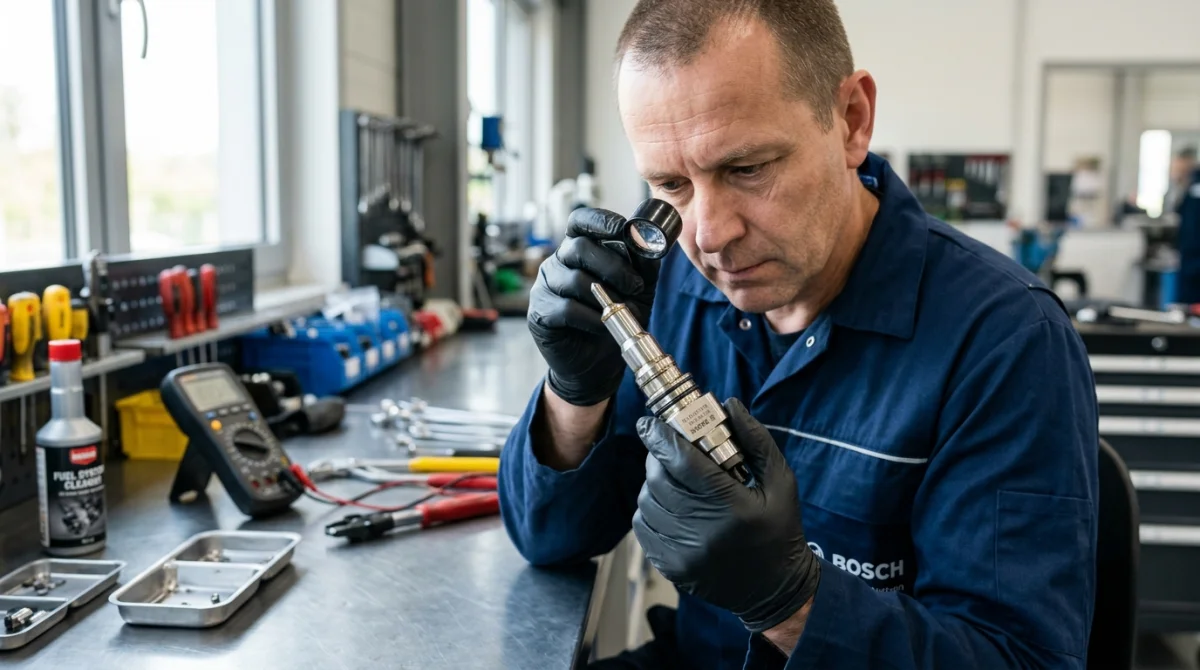 Mécanicien professionnel inspectant minutieusement une buse d'injecteur diesel propre à la loupe dans un atelier spécialisé.