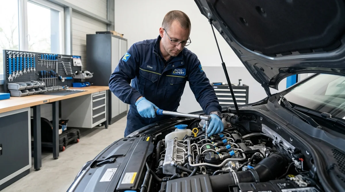 Mécanicien professionnel effectuant l'entretien précis des injecteurs sur un moteur diesel dans un atelier moderne.
