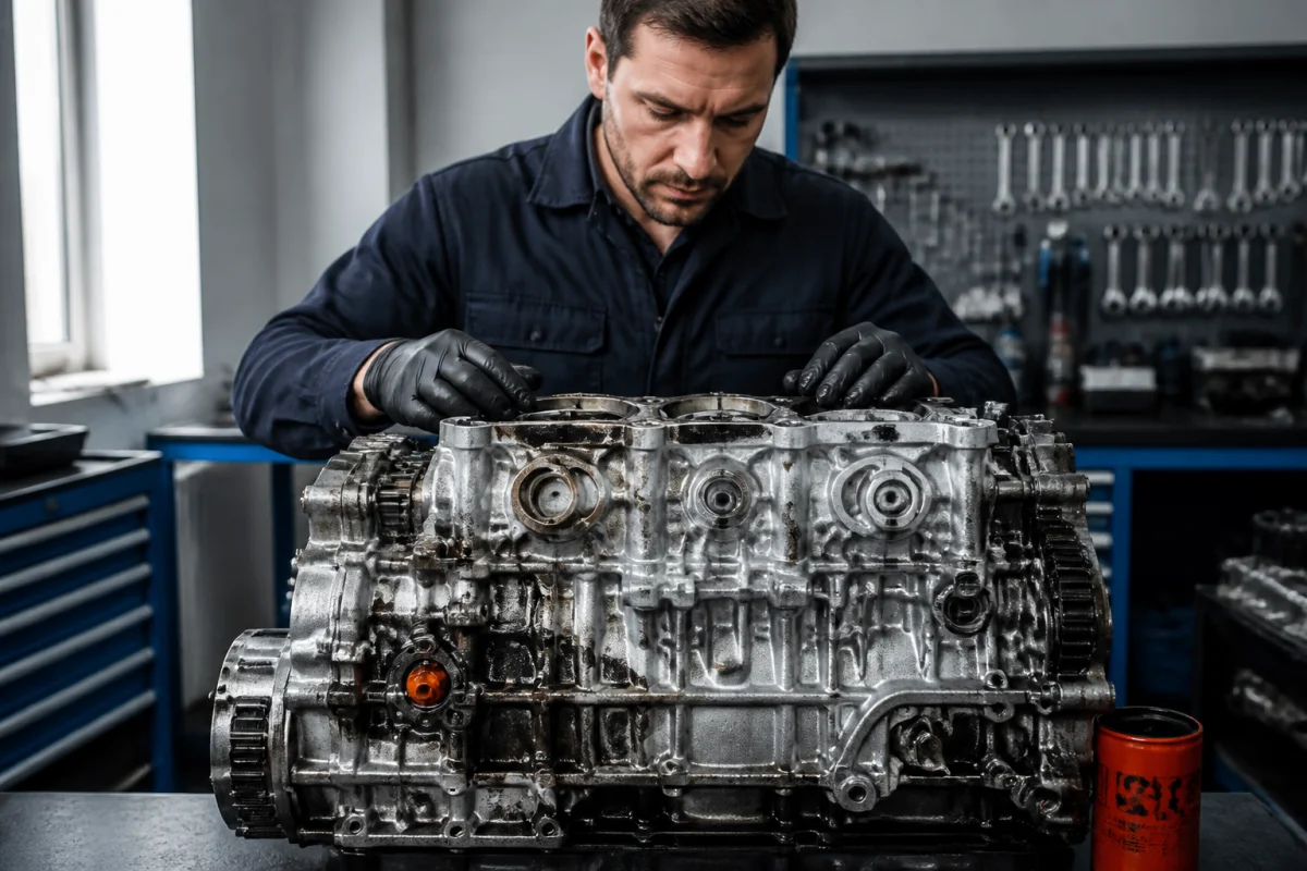 Mécanicien examinant un bloc moteur métallique pour apprendre comment nettoyer un moteur de voiture plein d'huile.