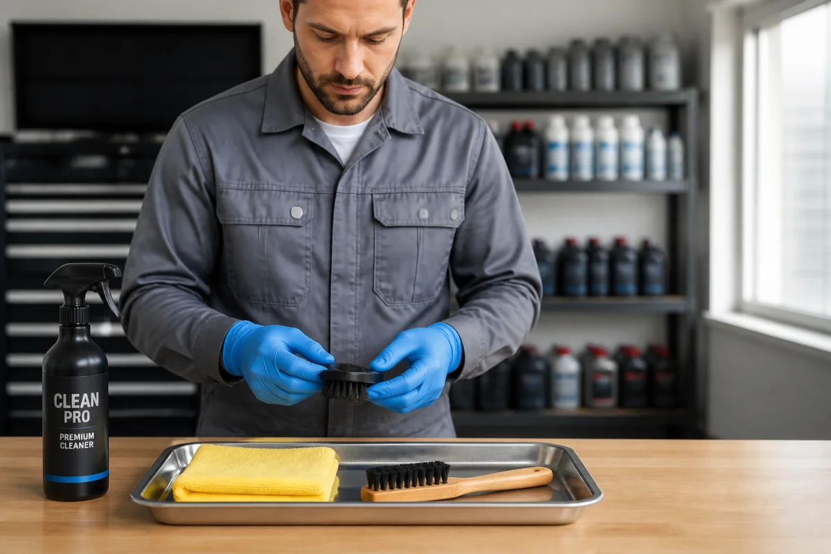 Mécanicien professionnel utilisant une brosse pour nettoyer un moteur de voiture dans un garage moderne et ordonné.