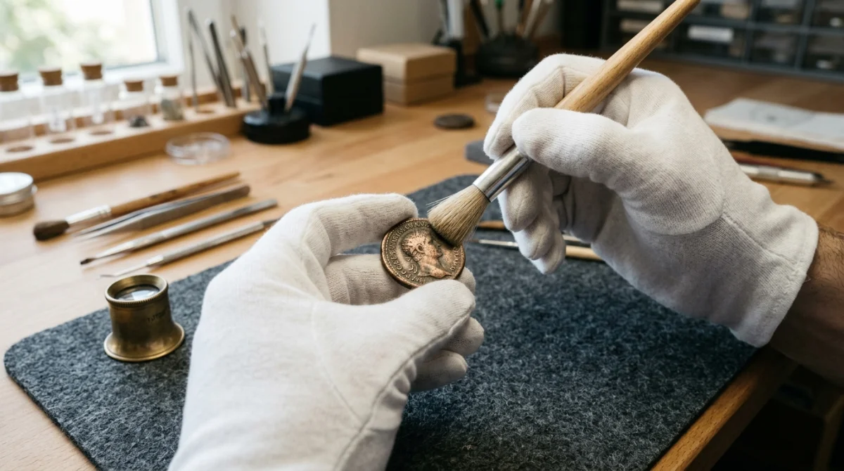 Mains gantées nettoyant délicatement une pièce de monnaie ancienne avec une brosse douce dans un atelier spécialisé.
