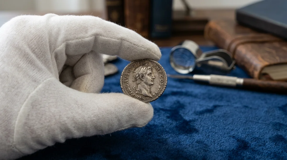 Main gantée manipulant délicatement une ancienne pièce en argent sur un tissu bleu pour apprendre comment nettoyer des pièces.