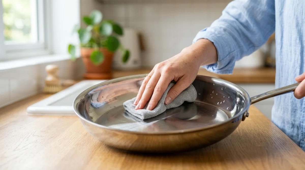 Main polissant l'intérieur d'une poêle en inox étincelante pour illustrer comment nettoyer une poêle en inox efficacement.