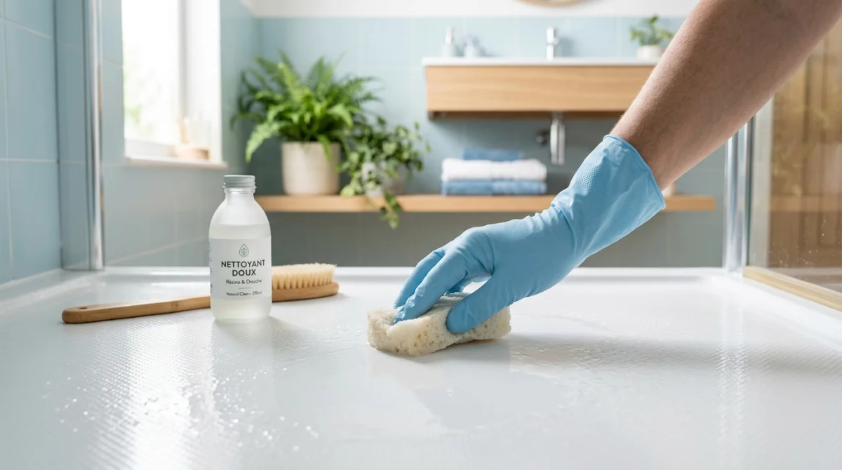Main gantée nettoyant délicatement un receveur de douche en résine blanche avec une éponge douce et naturelle.