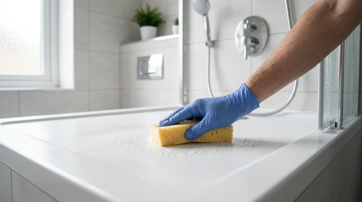 Main gantée nettoyant un receveur de douche en résine blanche avec une éponge douce dans une salle de bain.