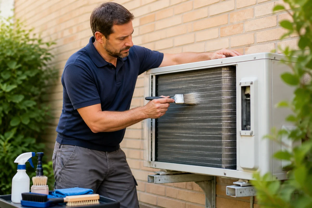 Technicien professionnel utilisant une brosse pour nettoyer les ailettes d'une unité de climatisation extérieure dans un jardin.
