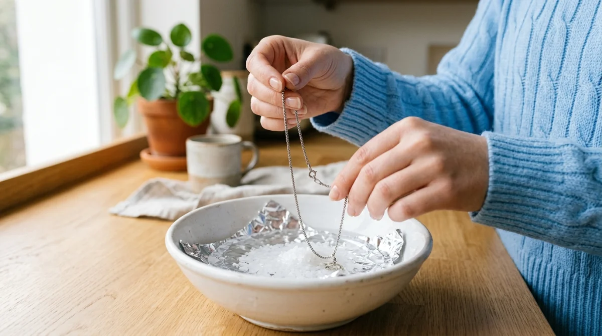 Mains nettoyant une chaîne en argent dans un bol d'eau, de sel et d'aluminium pour illustrer comment nettoyer chaine en argent.