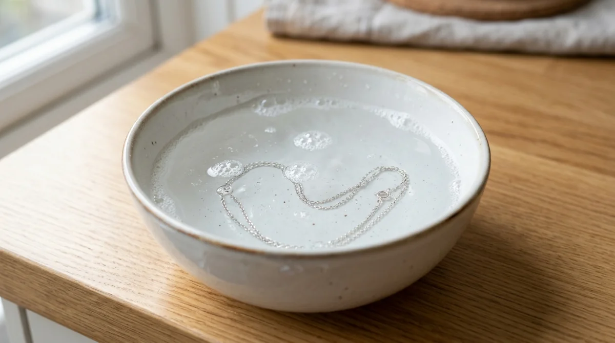 Chaîne en argent délicate trempant dans un bol d'eau savonneuse pour apprendre comment nettoyer une chaîne en argent.