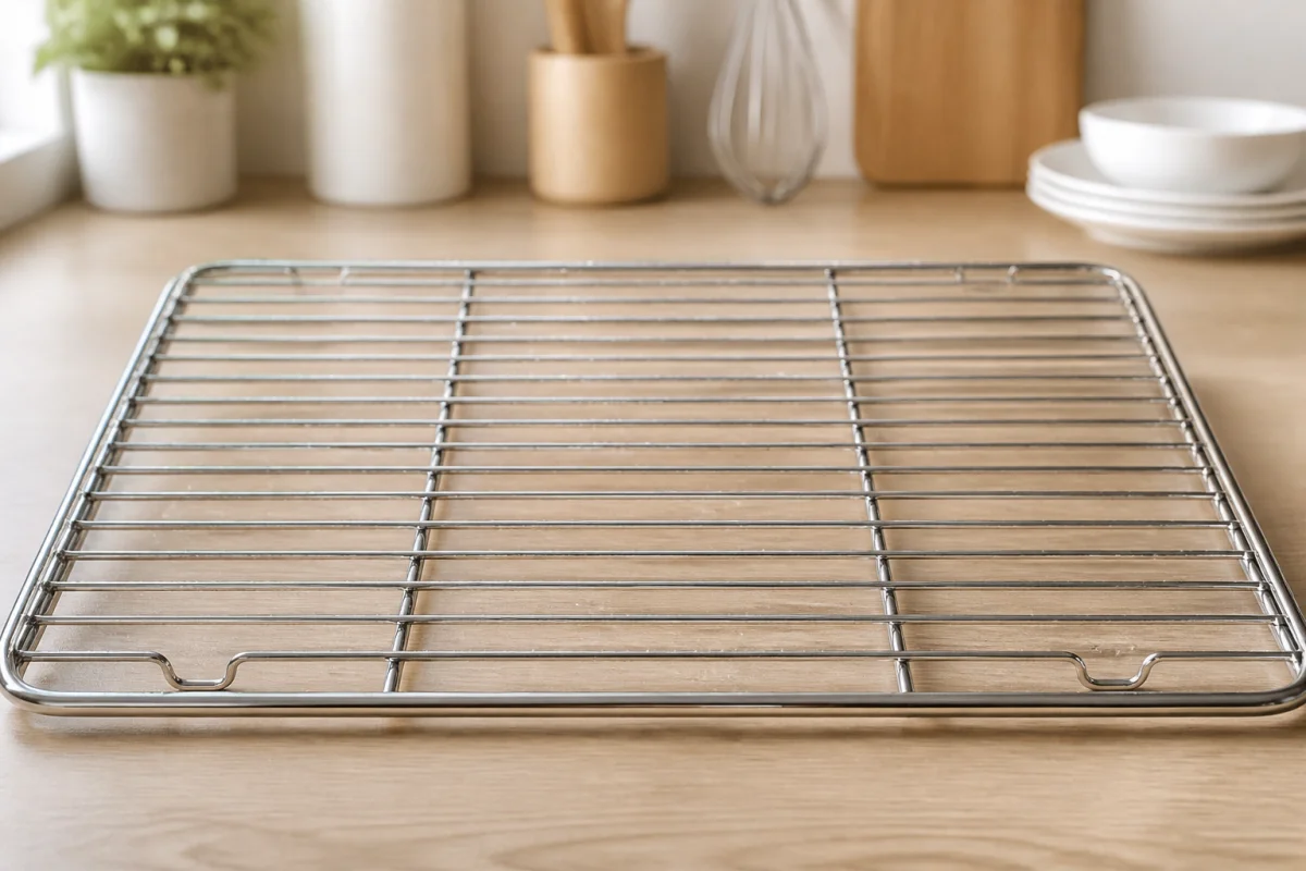 Grille de four en acier inoxydable parfaitement nettoyée et brillante posée sur un plan de travail en bois.