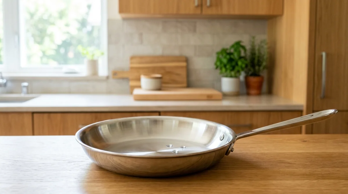 Poêle en inox étincelante et propre sur un plan de travail en bois pour illustrer comment nettoyer une poêle en inox.